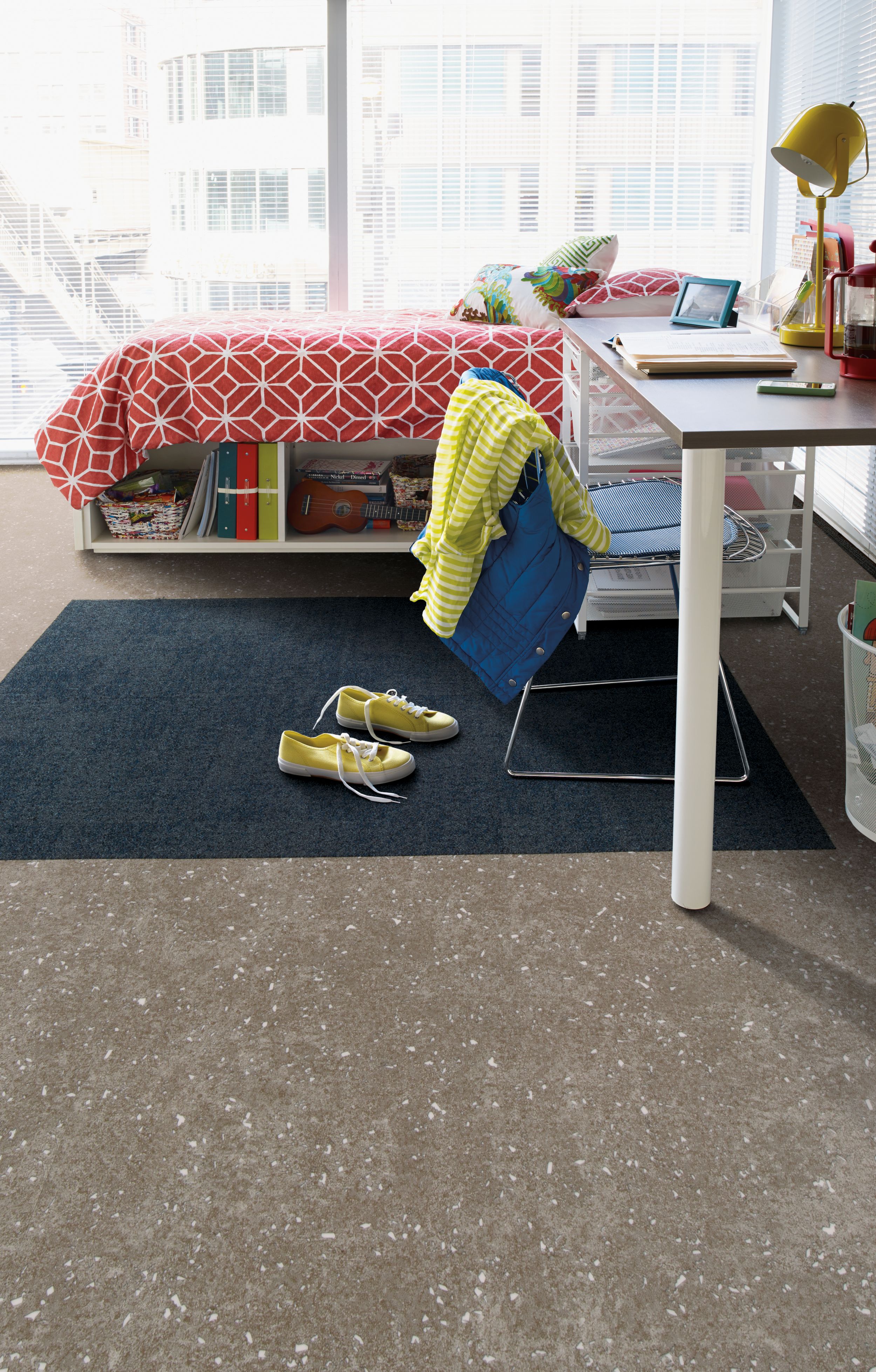 Interface Step in Time carpet tile and Walk the Aisle LVT in a dorm room image number 13